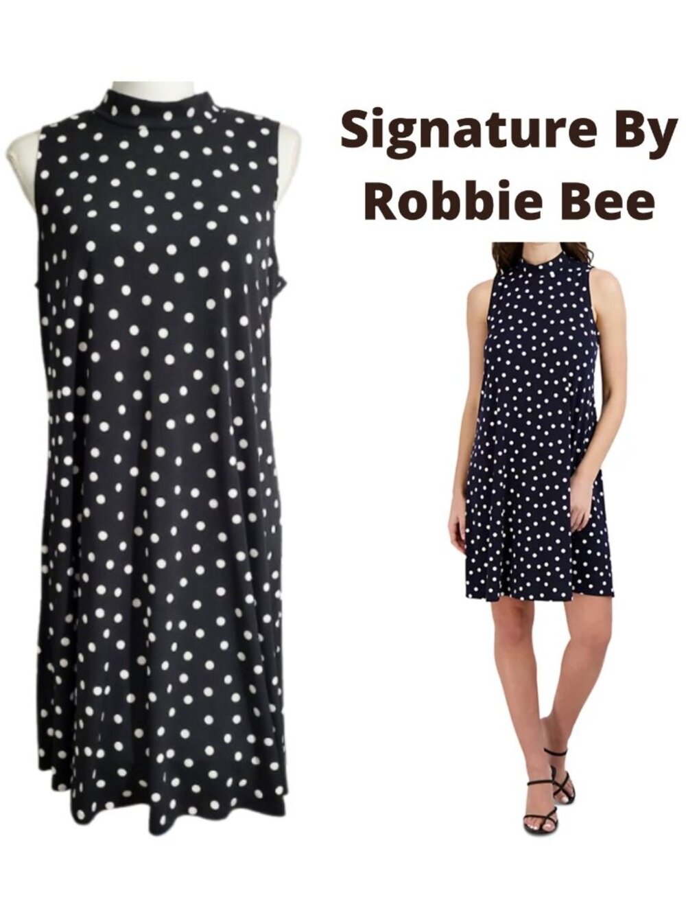 SIGNATURE BY ROBBIE BEE Sleeveless Polka Dot Bow-Back Trapeze Dress - Women's M